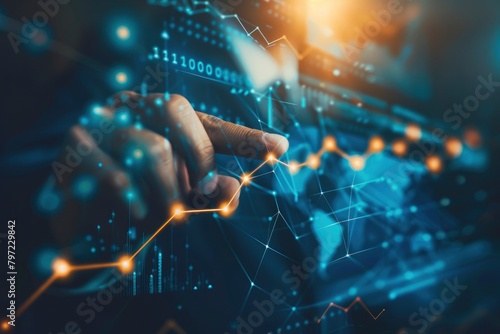 Businessman pointing arrow graph growth and financial network connection, analysing data to increase sales and revenue profit to achieve business investment goal in global economic - generative ai