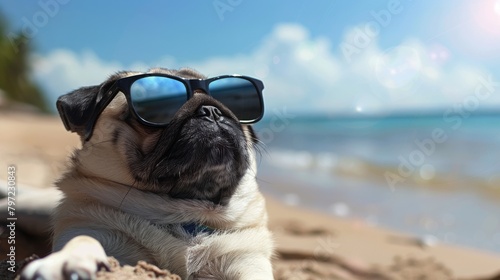 Pug dog days of summer with sunglasses on the beach