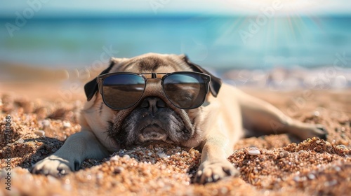 Pug dog day at the beach on a sunny beautiful day