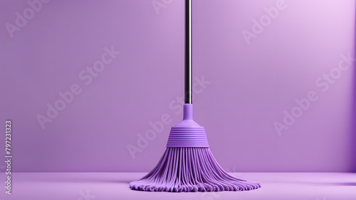 A purple mop is leaning against a purple wall