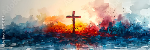 burning fire in the sky, Cross of Christ in Abstract Watercolor Painting