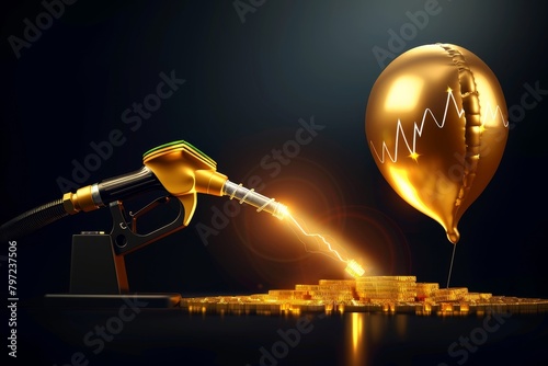 Person using a gas pump to inflate a golden balloon shaped like a stock chart, A satirical representation of the inflation of oil prices and its impact on the market