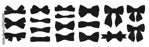 Ribbon bows silhouette set. Various shape cartoon bow knot gift tape ribbon stencil hair accessory. Trendy elegant adornment Valentines Day wedding celebration birthday decoration. Vector illustration