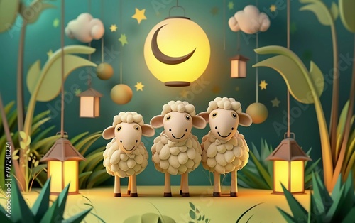 eid al adha mubarak banner background with sheep and 3d lanterns. very beautiful vector illustration