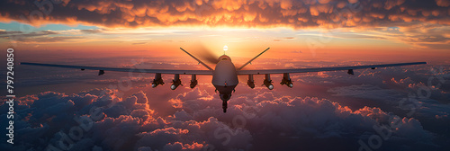 sunset in the mountains, Unmanned Military Drone Flying in the Sky above