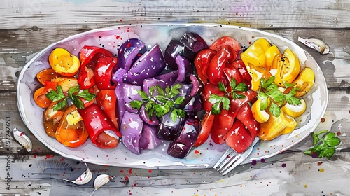 Artistic watercolor top view of a colorful vegetable platter, bell peppers and eggplants artistically arranged, served with garlic aioli