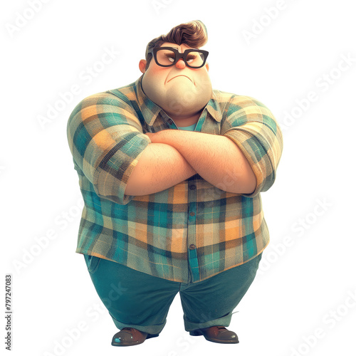 A portly cartoon character sporting glasses strikes a tough pose with arms crossed captured in a full body shot against a transparent background