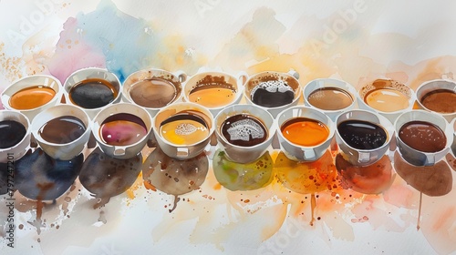 Dynamic watercolor of a coffee tasting session, cups arranged in a semi-circle, each shade representing a different roast and origin