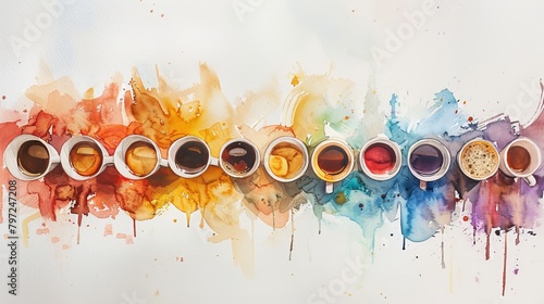 Dynamic watercolor of a coffee tasting session, cups arranged in a semi-circle, each shade representing a different roast and origin