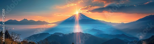 Breathtaking sunset view of Mount Fuji with dramatic sky and sunbeams