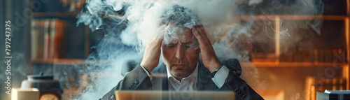 An exhausted professional sitting in front of a computer, steam rising from his head, experiencing burnout due to an overwhelming workload.