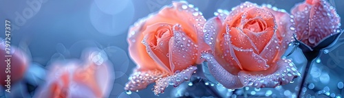 Close-up of dew-kissed roses with a deep blue hue in soft focus