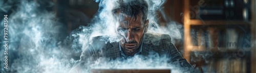 An exhausted professional sitting in front of a computer, steam rising from his head, experiencing burnout due to an overwhelming workload.