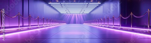 Empty fashion runway with purple lighting and velvet ropes