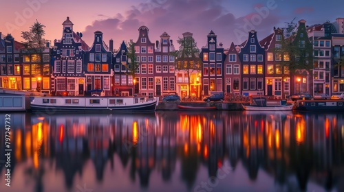 View of European houses on the riverbank with reflections in the calm river water at night.