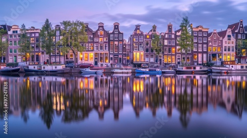 View of European houses on the riverbank with reflections in the calm river water at night.