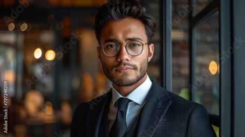 A photograph of a stylish and accomplished Indian man in a sharp black three-piece suit against a dark backdrop, adjusting his glasses.