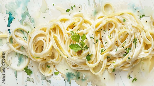 Lush depiction of fettuccine Alfredo in watercolor, creamy sauce clinging to each noodle, garnished with fresh parsley