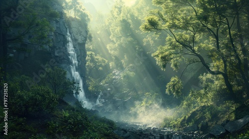 An inviting forest glade with a waterfall pouring over a sheer cliff, 