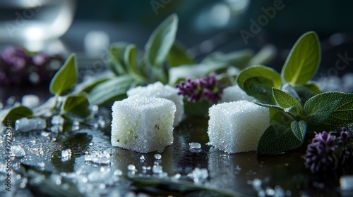 Fresh herbs and sugar cubes on a dewy surface