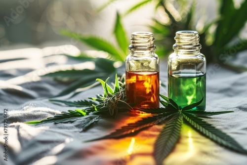 Essential oils with cannabis leaves on natural background