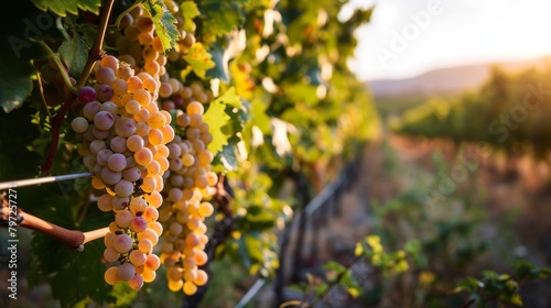 Sunset over a lush vineyard with ripe grapes