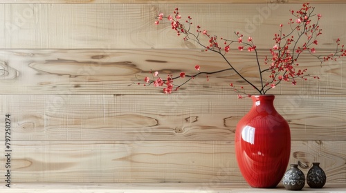 Plain plywood wall with one striking red Japanese vase