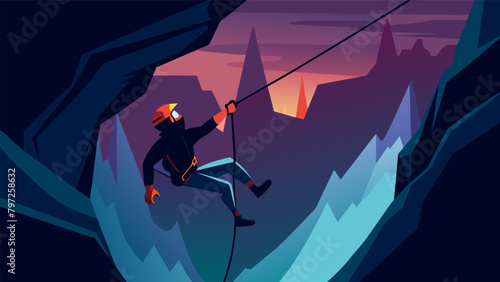 I never thought Id be rappelling down into a pitchblack abyss but here I am.. Vector illustration