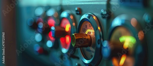 A close up of a control panel with a variety of knobs and gauges.