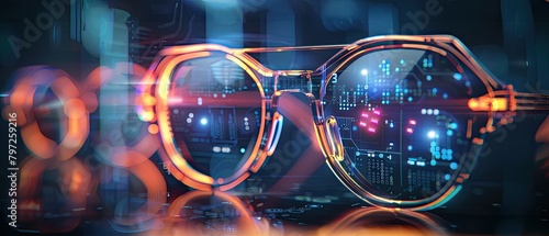 A pair of glasses with a reflection of a circuit board.