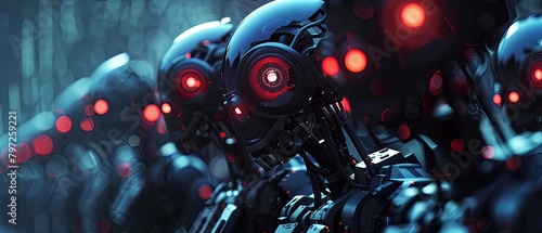 An army of faceless robots with glowing red eyes