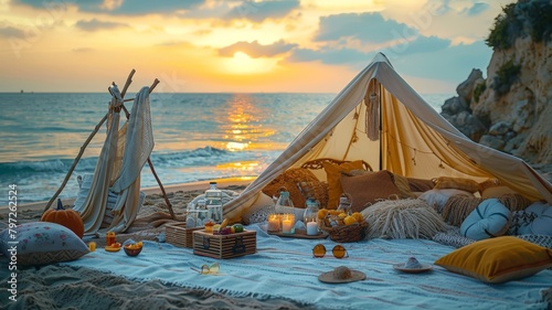 romantic camping setting in the beach at sunset