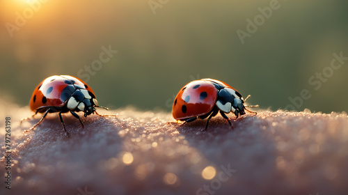 Sunset scene, red ladybug photo, macro ladybug photo close-up of ladybugs crawling back and forth