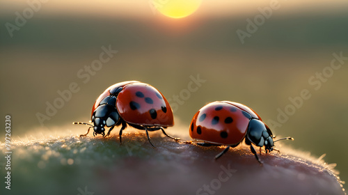 Sunset scene, red ladybug photo, macro ladybug photo close-up of ladybugs crawling back and forth
