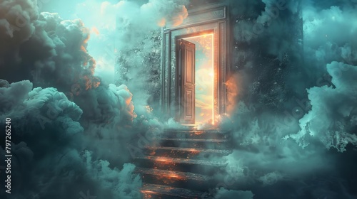 mysterious doors shrouded in ethereal smoke illuminated paths beckoning lifes pivotal choices surreal digital art