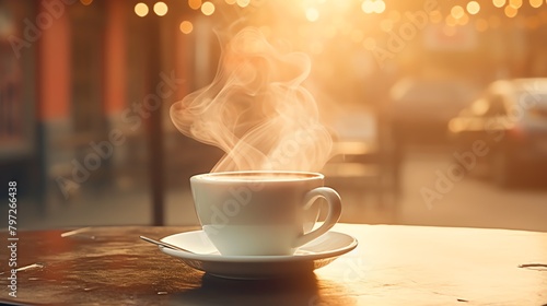 Cinemagraph of a steaming cup of coffee on a busy morning cafe table, with the steam moving subtly, creating a captivating and serene moment.