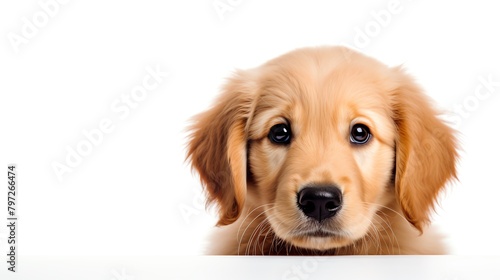 Close-up image of a golden retriever puppy on an isolated white background, focusing on the fluffy texture of its fur, ideal for pet advertisements.