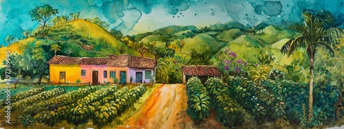 water color, long shot, colorful, Mexican coffee farm