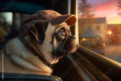 A cute pug wearing a brown cap is sitting in a car, looking out the window longingly.