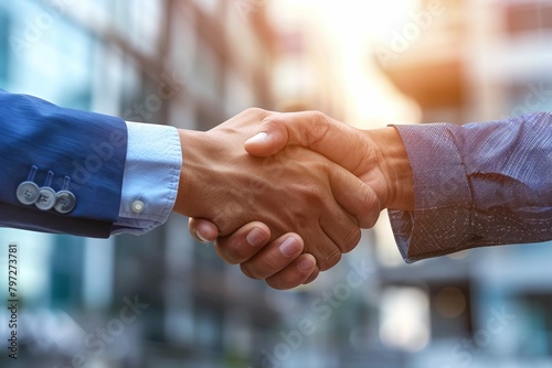 businessmen shaking hands, their palms meeting in a gesture of mutual trust and satisfaction. Blurred office buildings in the background set the scene for professional accomplishment and collaboration