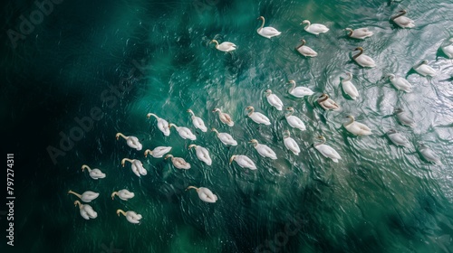 Aerial view of flock of white swans swimming in the water collectively with the group.
