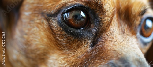 The image showcases a detailed view of a dog's eye, with a soft, out-of-focus background enhancing the focus on the eye