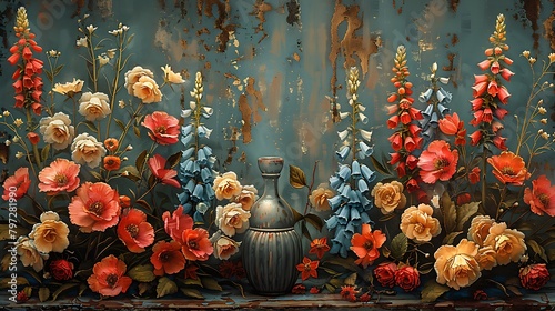 Illustrate an arrangement of wildflowers, including bluebells and foxgloves, set against a backdrop of aged damask fabric