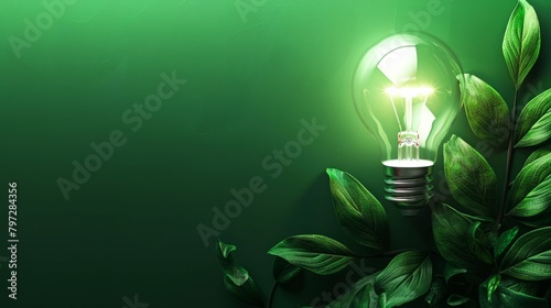 light bulb with leaves on green background. Sustainable, environmental lifestyle, renewable source, idea concept. copy space. banner hyper realistic 