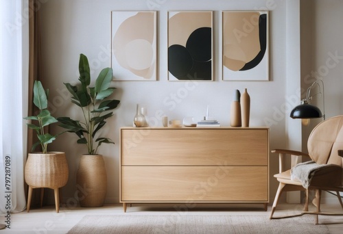 art poster living interior stucco home design beige dresser modern corners Scandinavian Wooden room wall