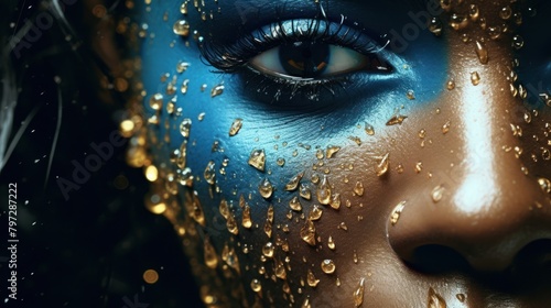 Close-up of artistic makeup with blue tones and golden glitter
