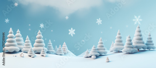 Winter landscape with snowdrifts and snowy fir trees. . Festive holiday xmas horizontal banner with stars, cloud, snowfall and moon.