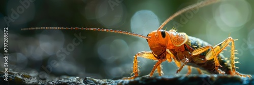 A macro photo of a cricket on a leaf.