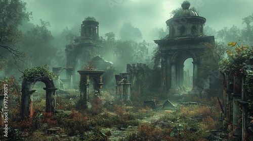 Create a post-apocalyptic landscape with ruins overgrown vegetation