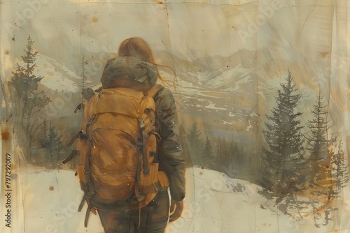 A woman standing on a snowy mountaintop, looking out at the view.